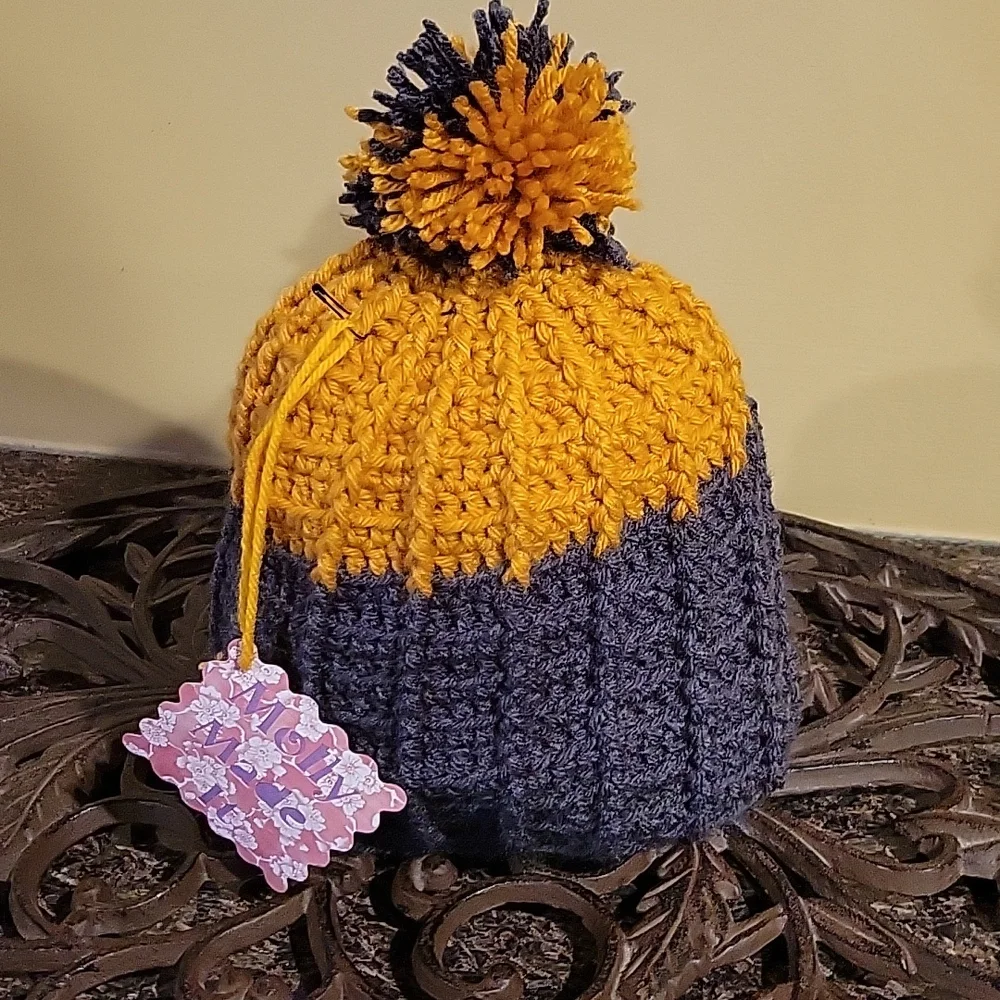 Handmade pom-pom hat beanie with fleece lining at ears crochet